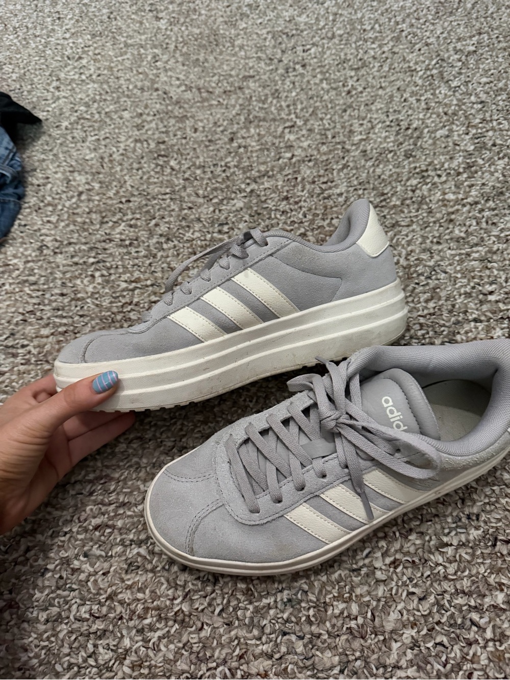 adidas Women's Gray Suede Platform Sneakers with Cream Stripes